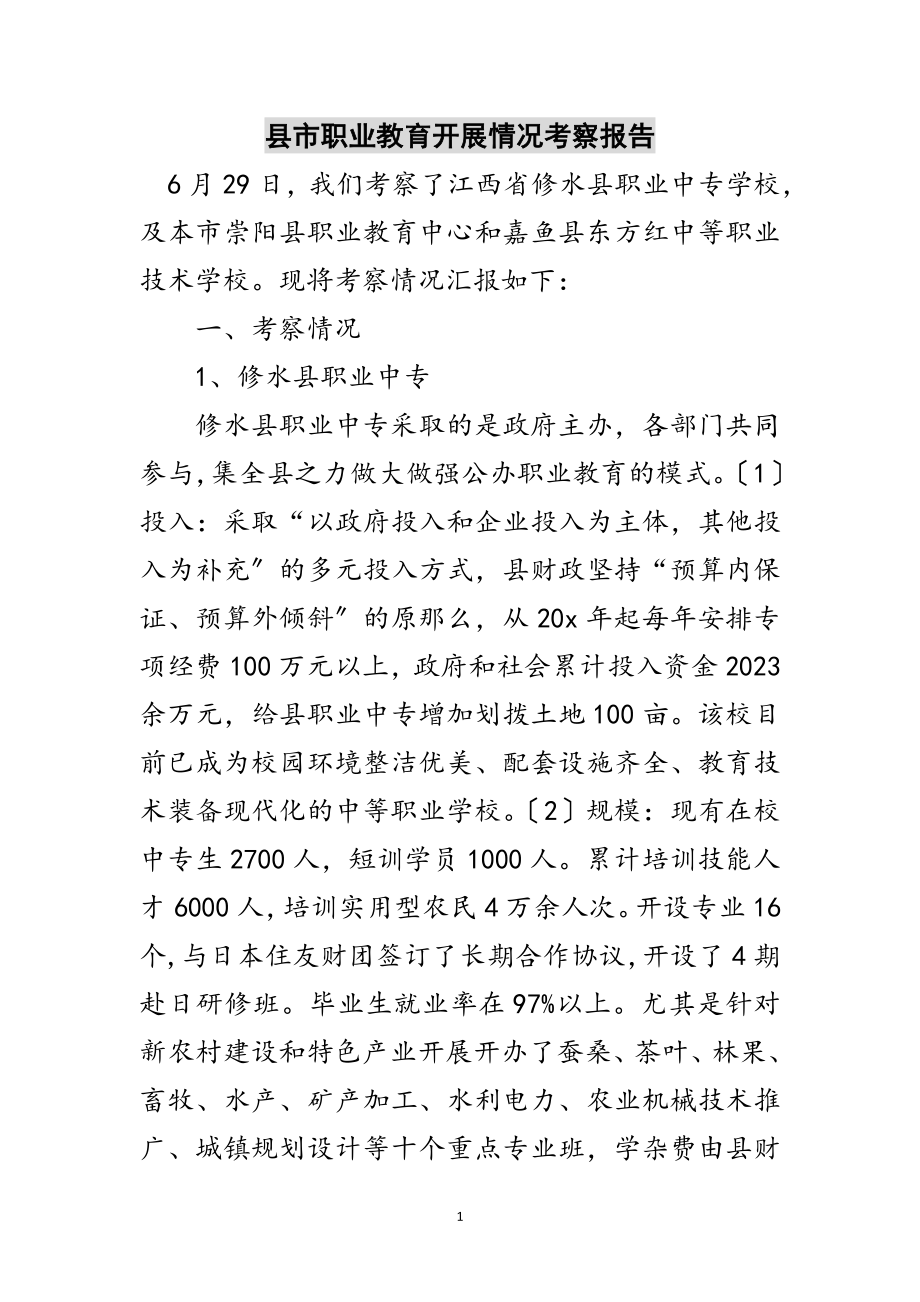 2023年县市职业教育发展情况考察报告范文.doc_第1页