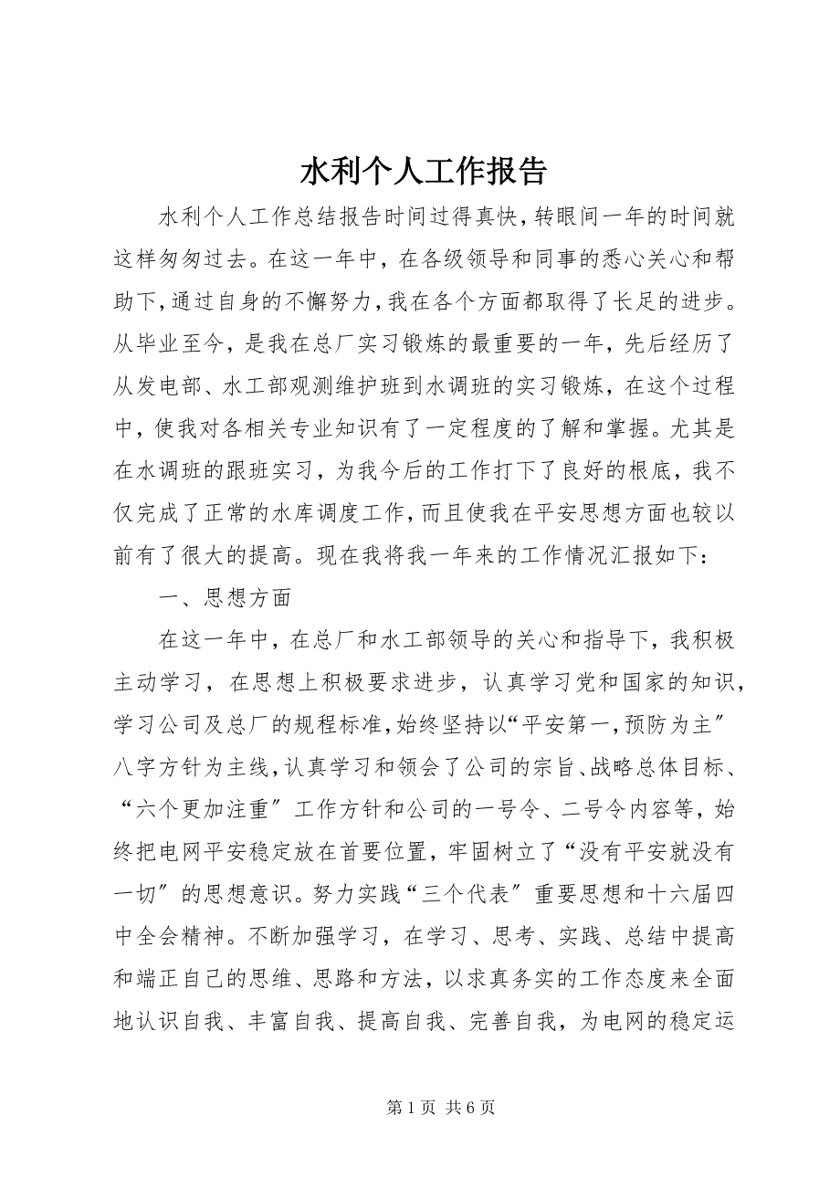 2023年水利个人工作报告.docx_第1页