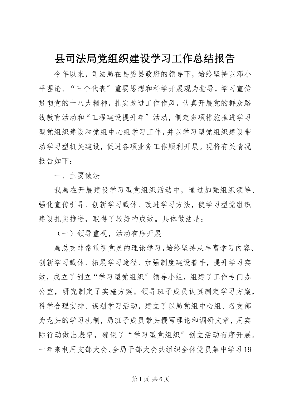 2023年县司法局党组织建设学习工作总结报告.docx_第1页