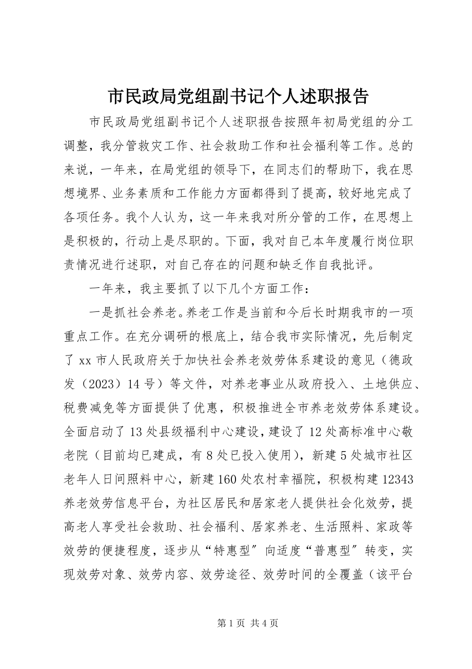 2023年市民政局党组副书记个人述职报告.docx_第1页