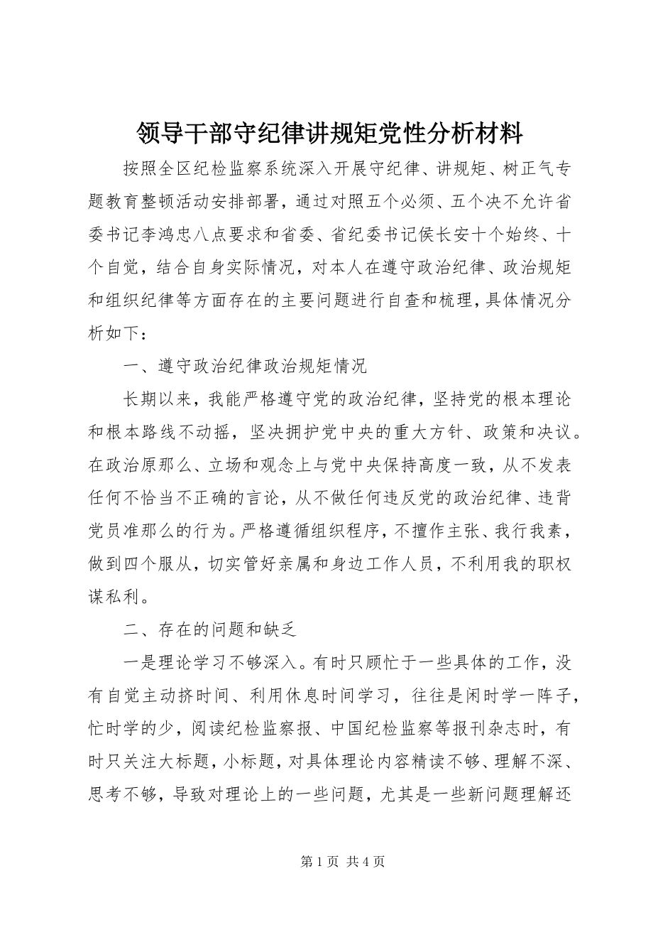 2023年领导干部守纪律讲规矩党性分析材料.docx_第1页