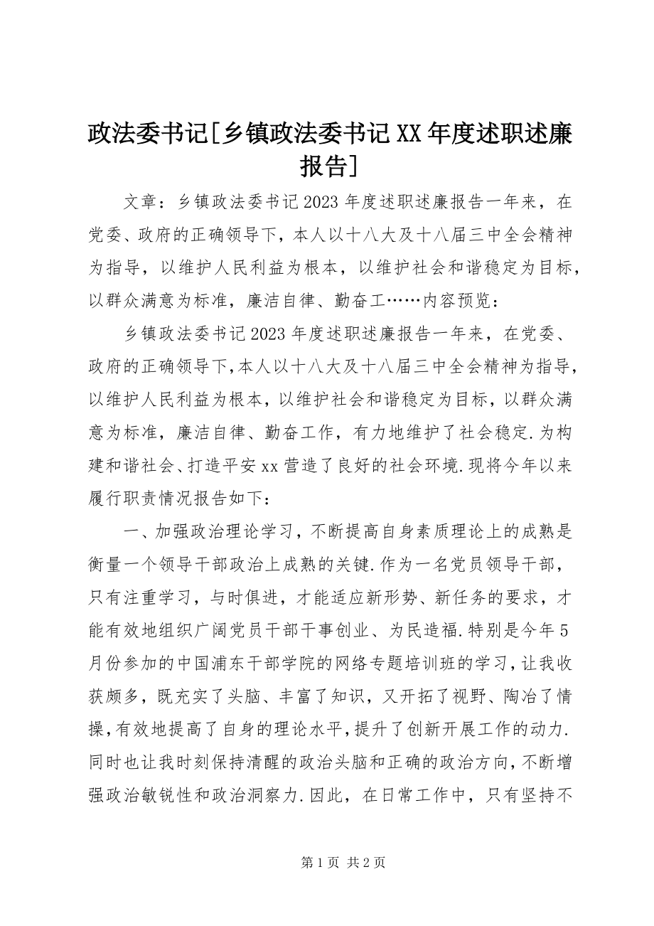 2023年政法委书记乡镇政法委书记度述职述廉报告.docx_第1页