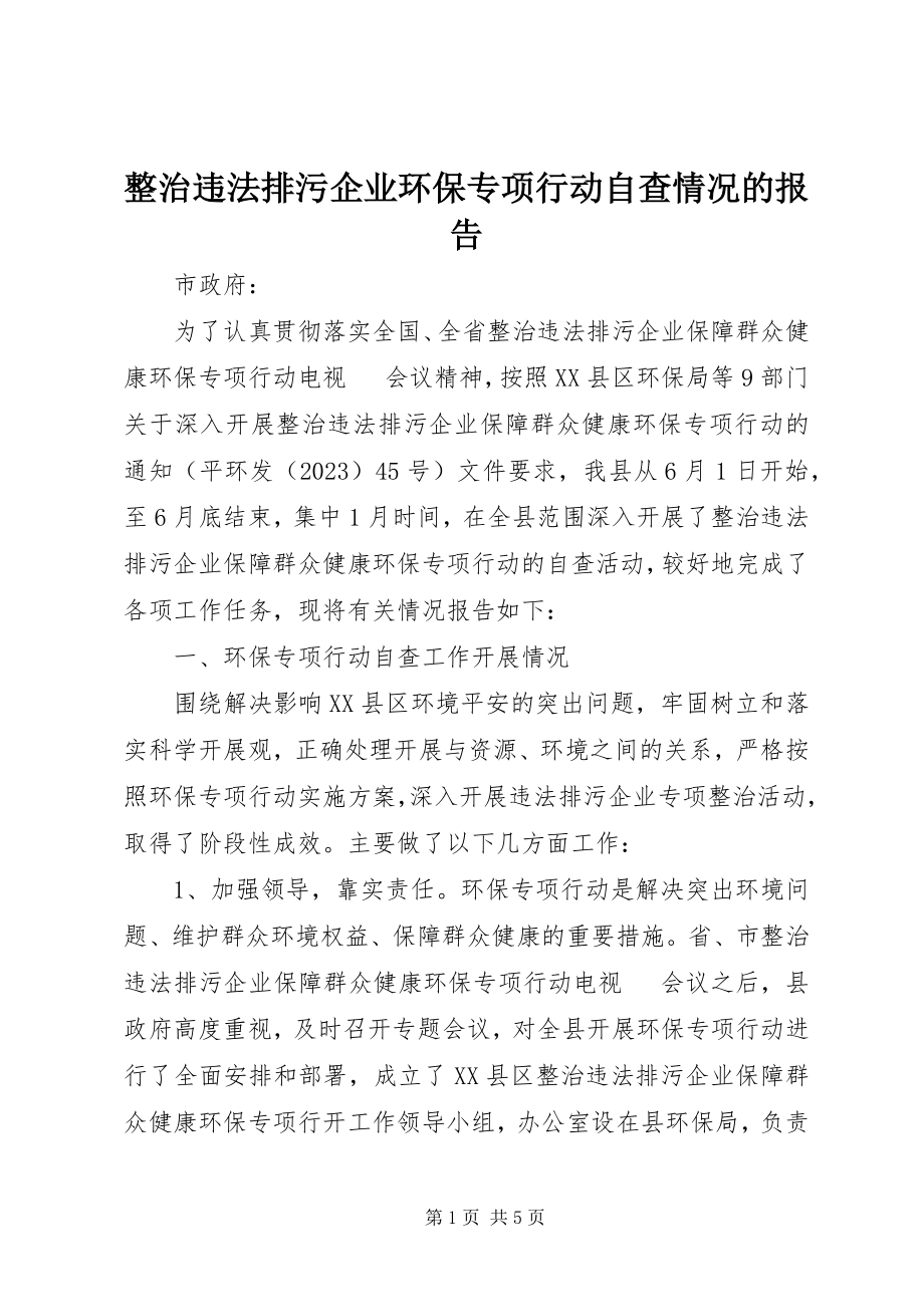 2023年整治违法排污企业环保专项行动自查情况的报告.docx_第1页