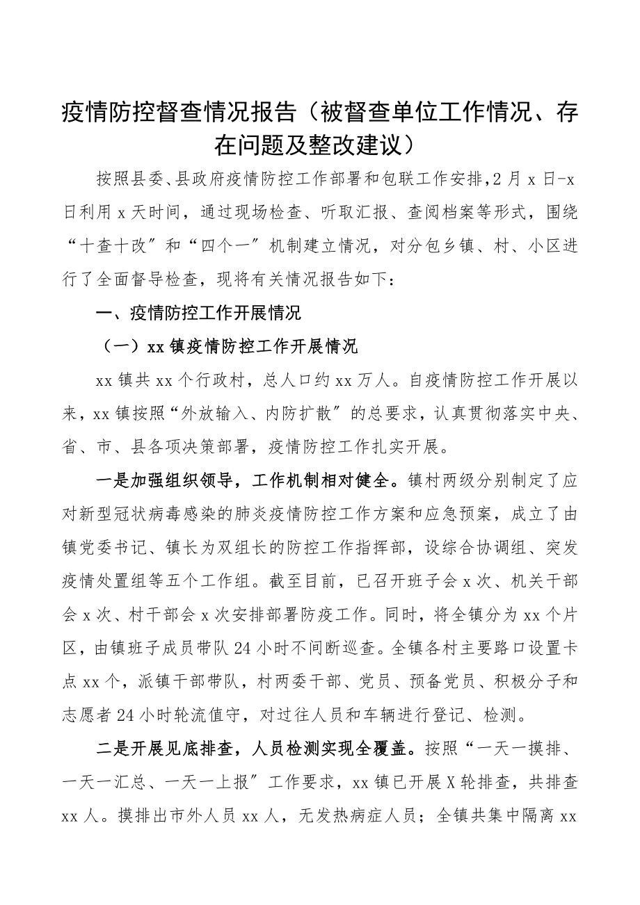 2023年疫情防控督查情况报告被督查单位工作情况、存在问题及整改建议.docx_第1页