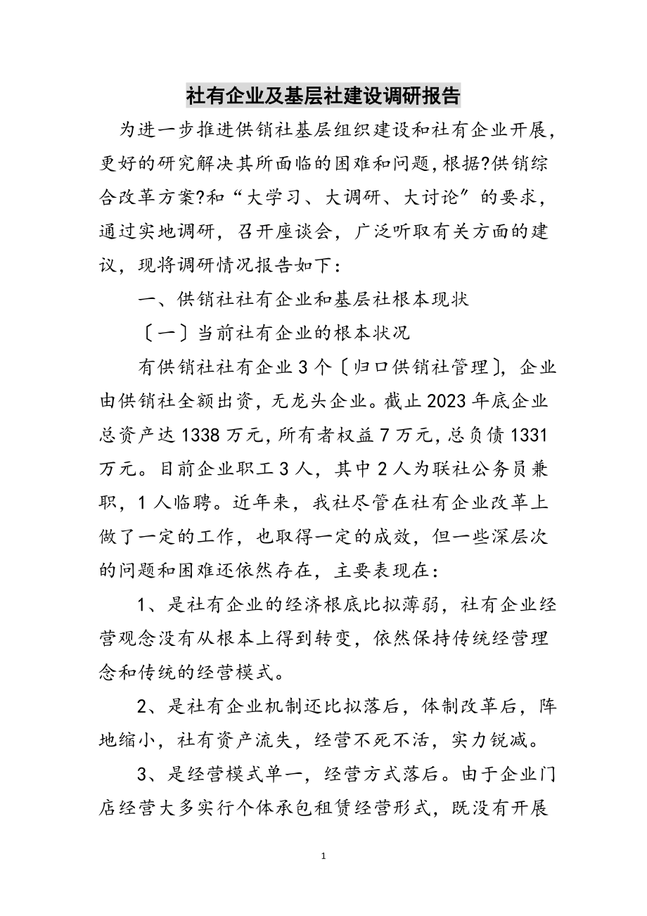 2023年社有企业及基层社建设调研报告范文.doc_第1页