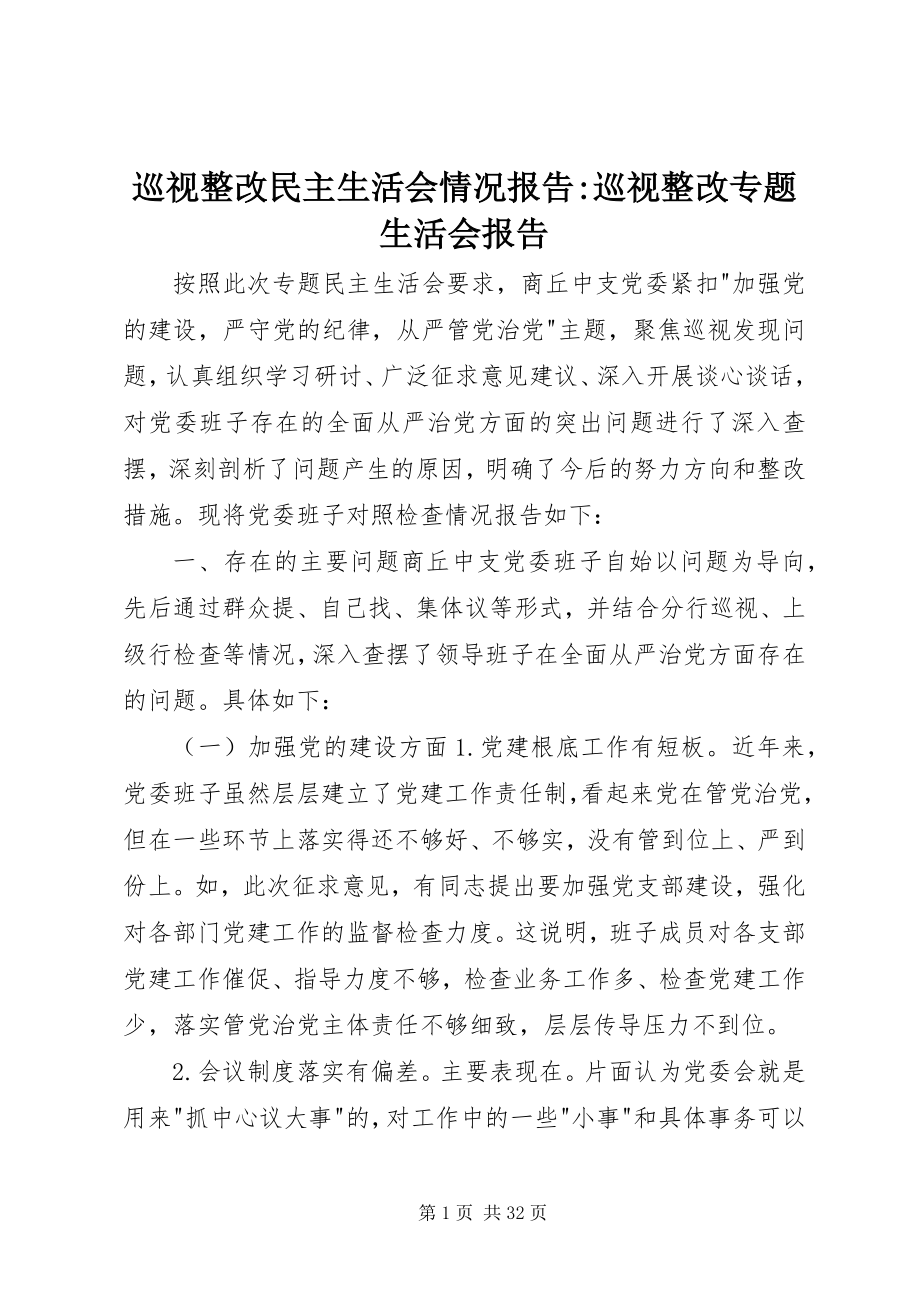 2023年巡视整改民主生活会情况报告巡视整改专题生活会报告.docx_第1页