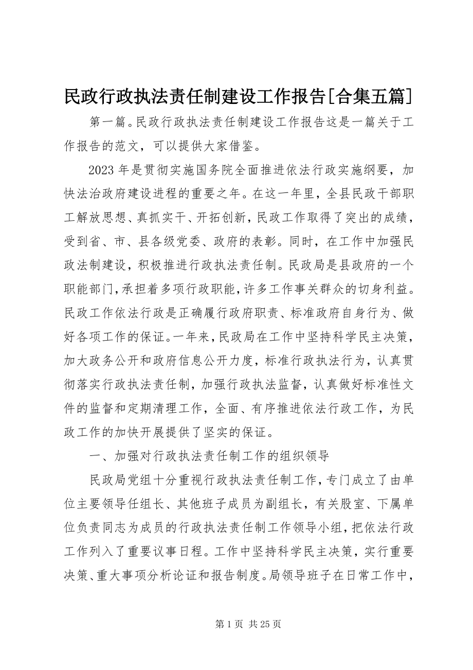 2023年民政行政执法责任制建设工作报告合集五篇.docx_第1页