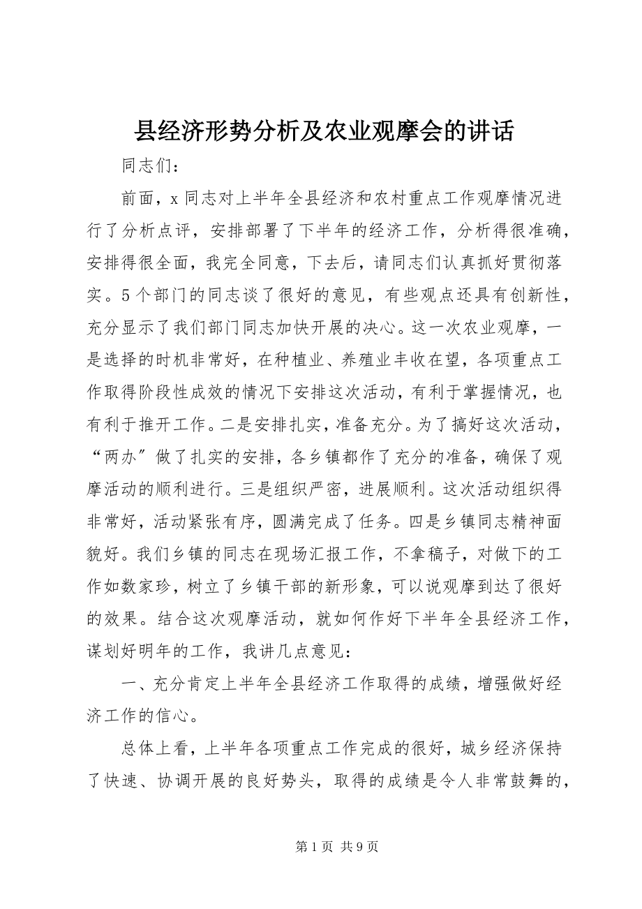 2023年县经济形势分析及农业观摩会的致辞.docx_第1页