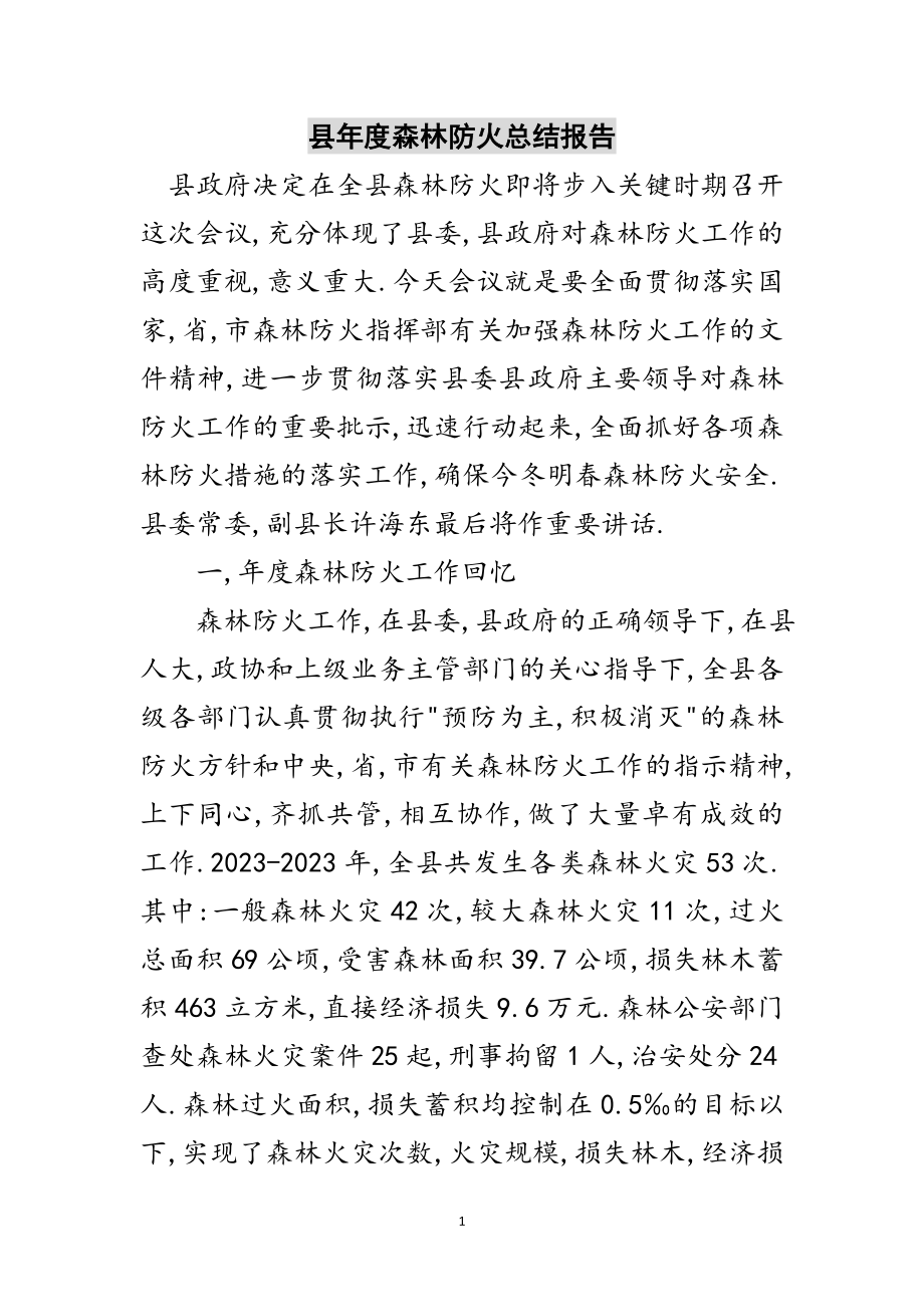 2023年县年度森林防火总结报告范文.doc_第1页