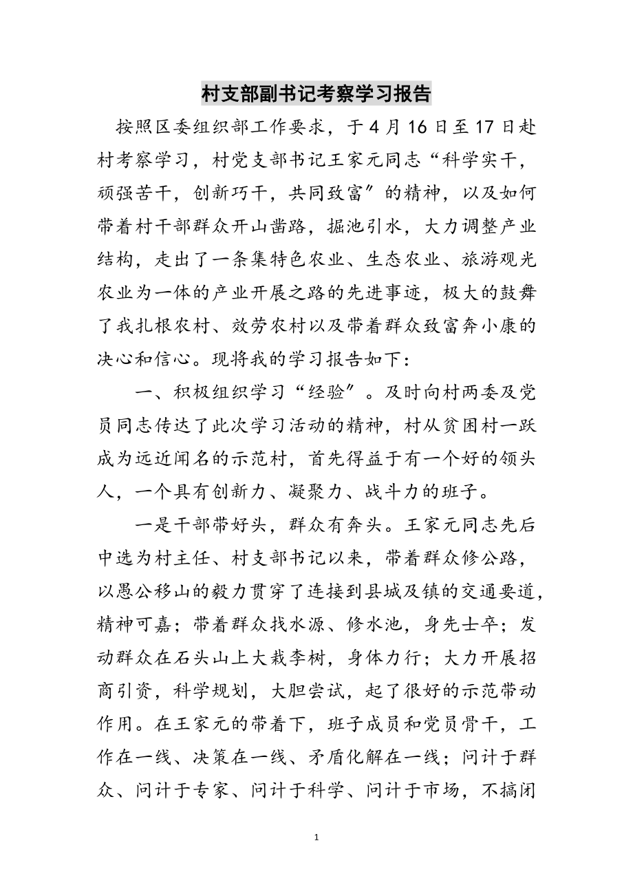 2023年村支部副书记考察学习报告范文.doc_第1页