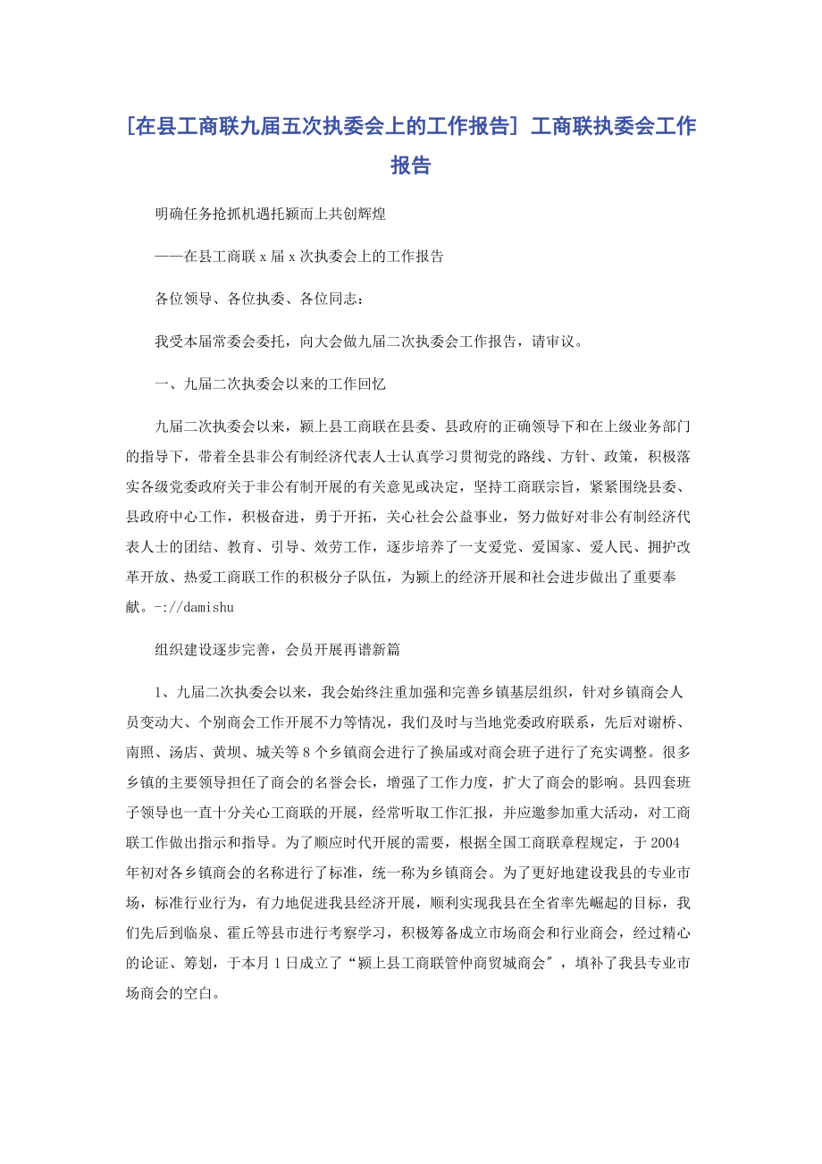 2023年在县工商联九届五次执委会上的工作报告 工商联执委会工作报告.docx_第1页