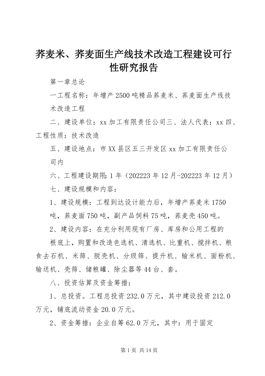 2023年荞麦米荞麦面生产线技术改造项目建设可行性研究报告.docx_第1页