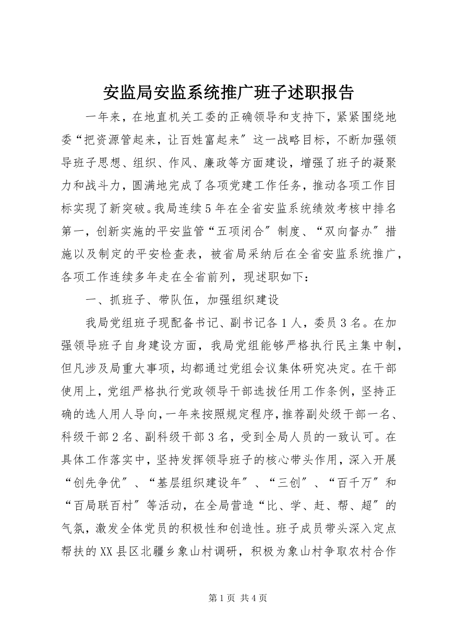 2023年安监局安监系统推广班子述职报告新编.docx_第1页