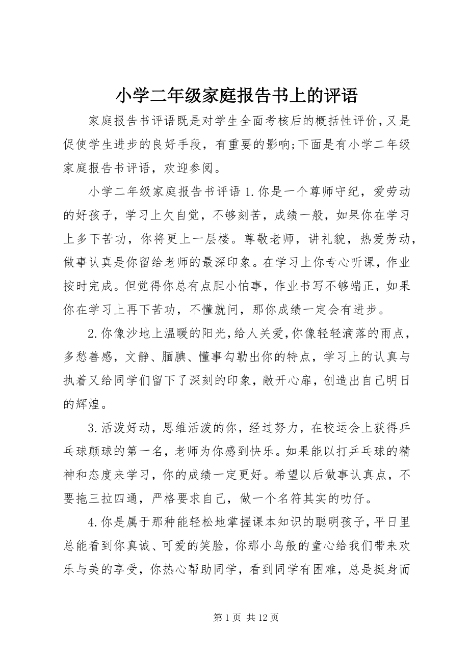 2023年小学二年级家庭报告书上的评语.docx_第1页