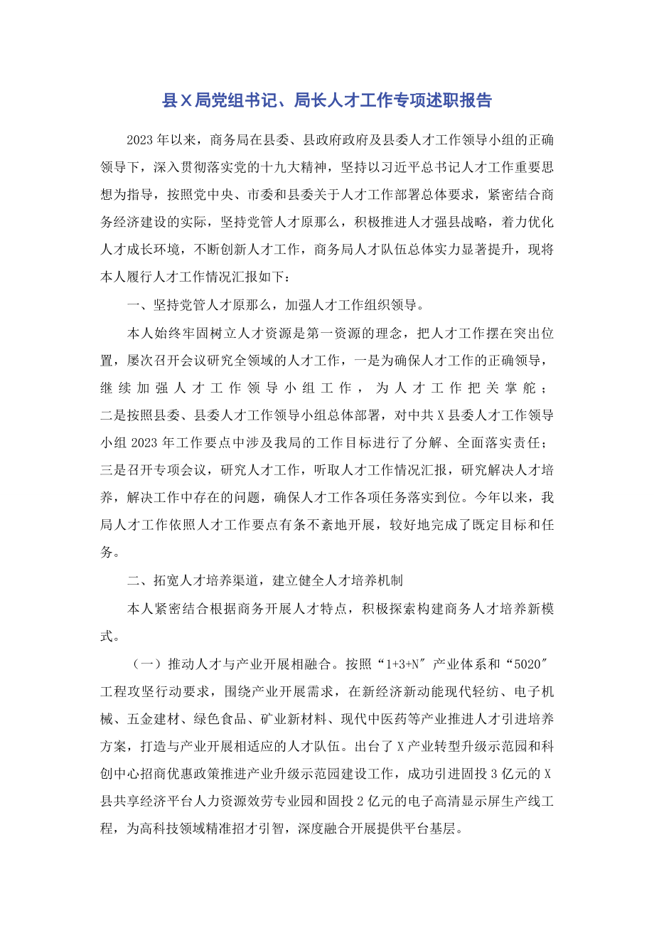 2023年县Ｘ局党组书记局长人才工作专项述职报告.docx_第1页