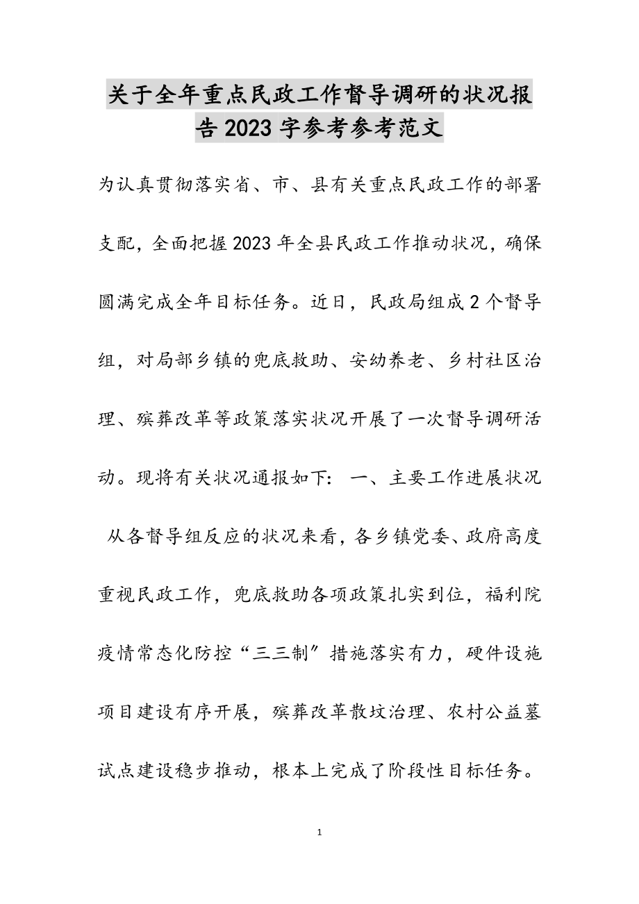 关于全年重点民政工作督导调研的情况报告2023字.docx_第1页