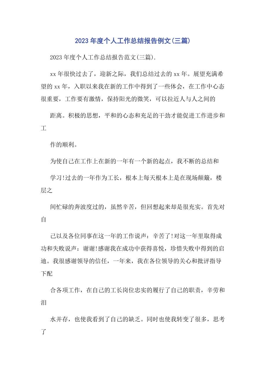 2023年度个人工作总结报告例文3篇.docx_第1页