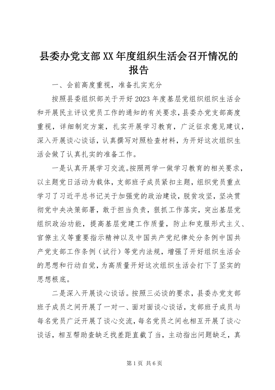 2023年县委办党支部度组织生活会召开情况的报告.docx_第1页