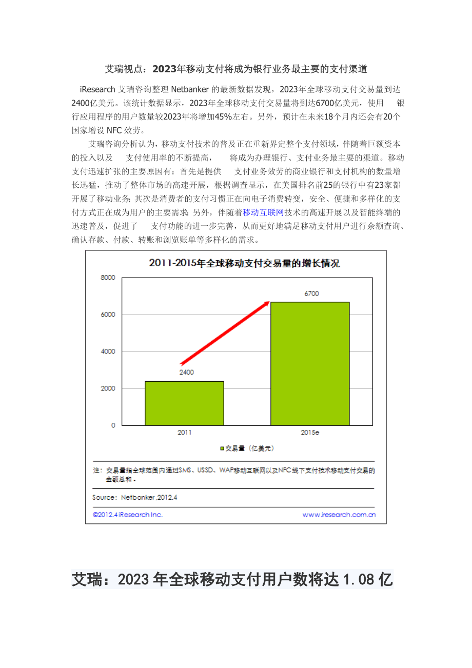 2023年瑞视点：年移动支付将成为银行业务最主要的支付渠道.doc_第1页