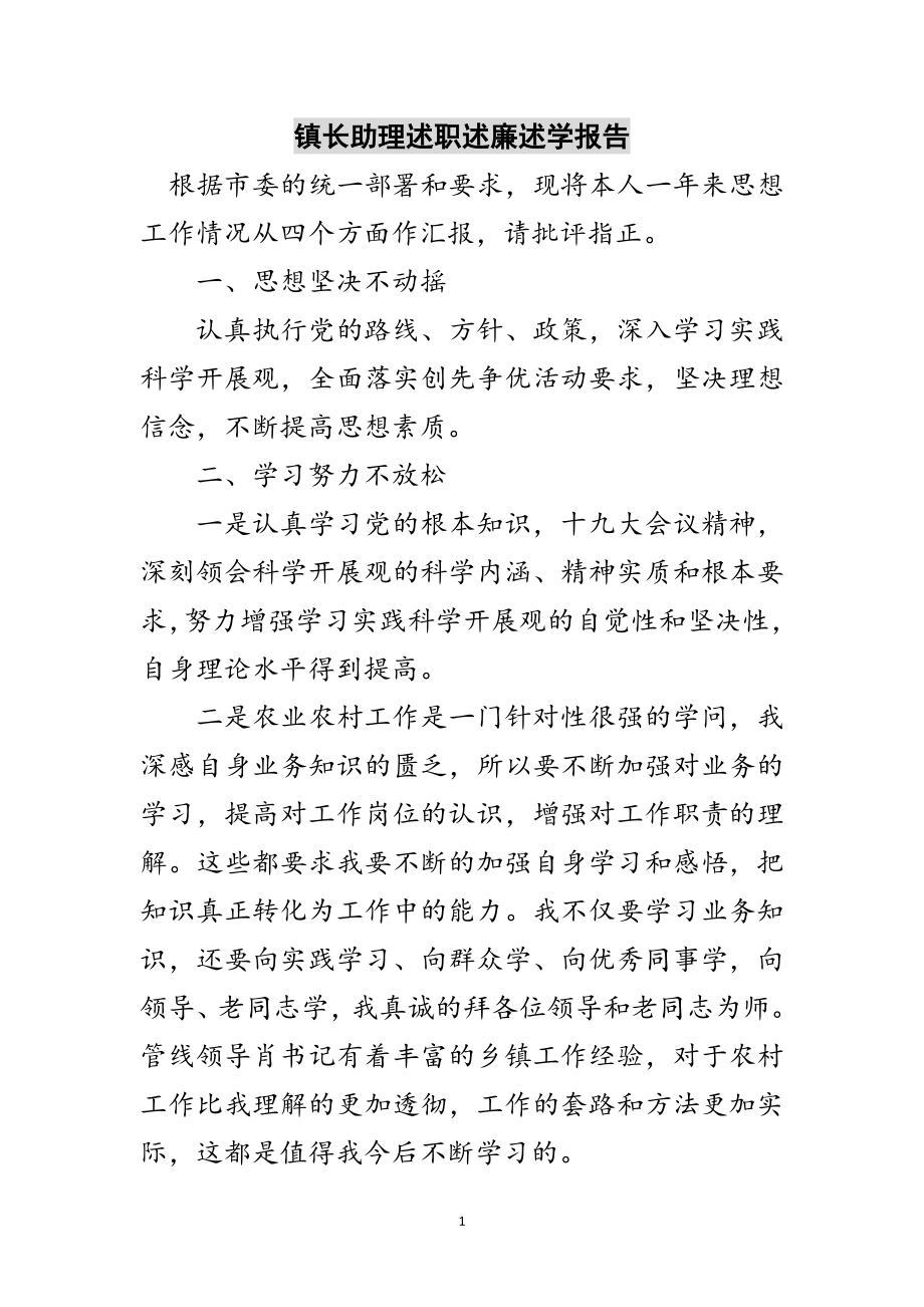 2023年镇长助理述职述廉述学报告范文.doc_第1页