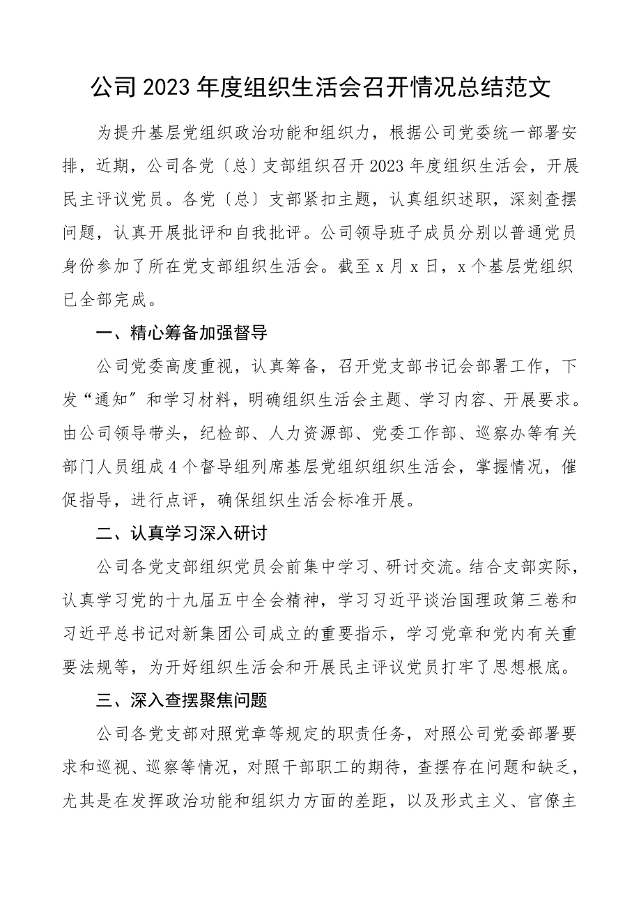 度组织生活会召开情况总结集团公司企业工作总结汇报报告范文.doc_第1页