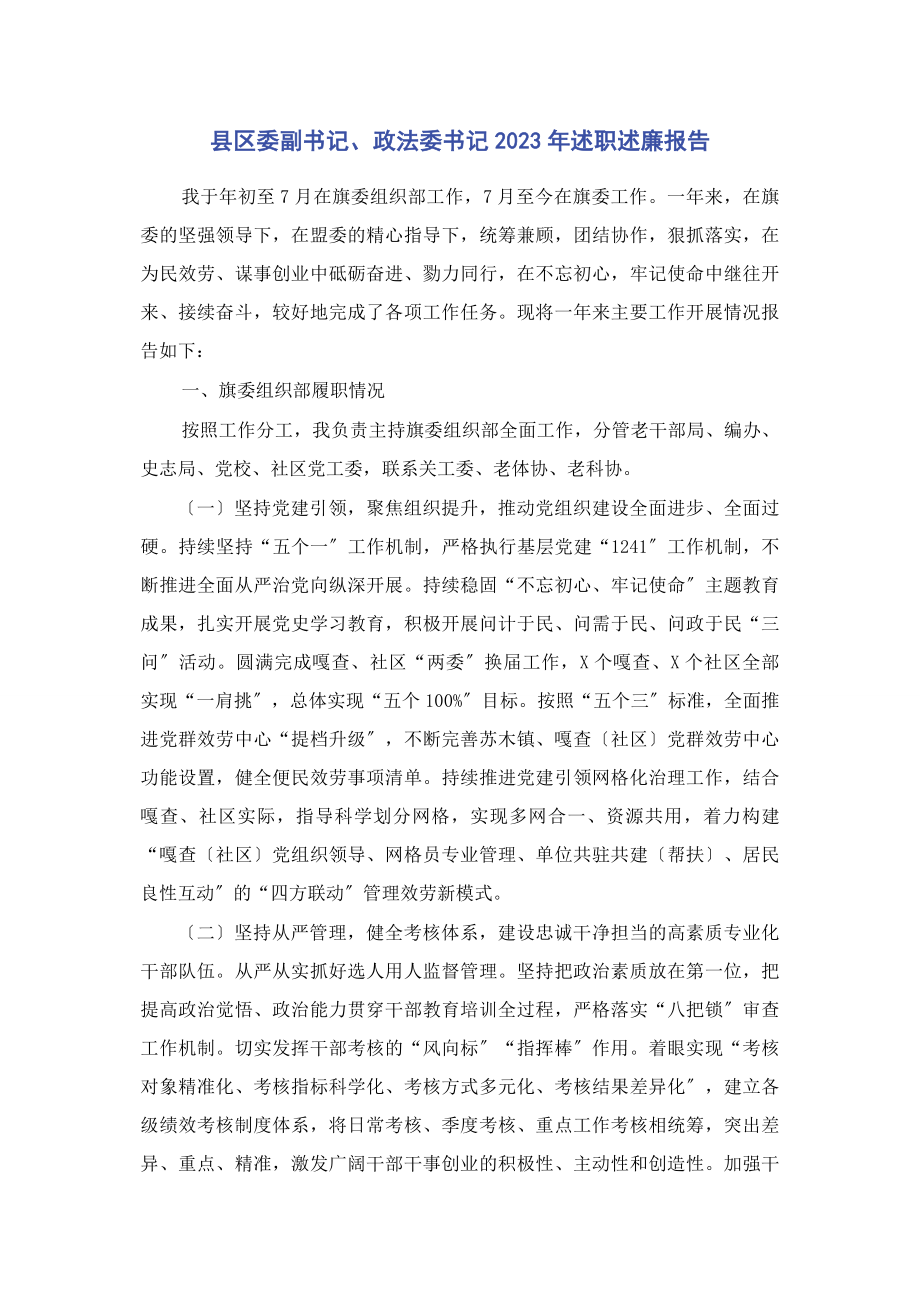 2023年县区委副书记政法委书记述职述廉报告.docx_第1页