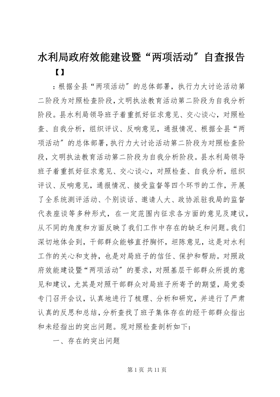 2023年水利局政府效能建设暨“两项活动”自查报告.docx_第1页