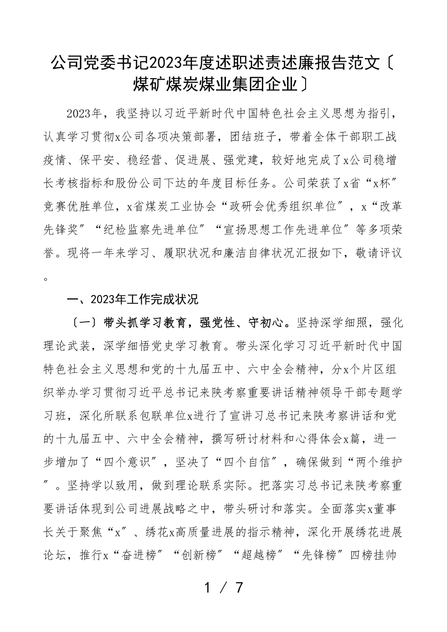 2023年度述职述责述廉报告煤矿煤炭煤业集团企业.doc_第1页