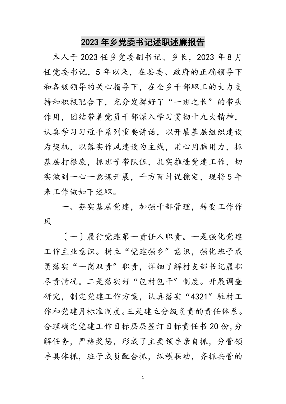 2023年年乡党委书记述职述廉报告范文.doc_第1页