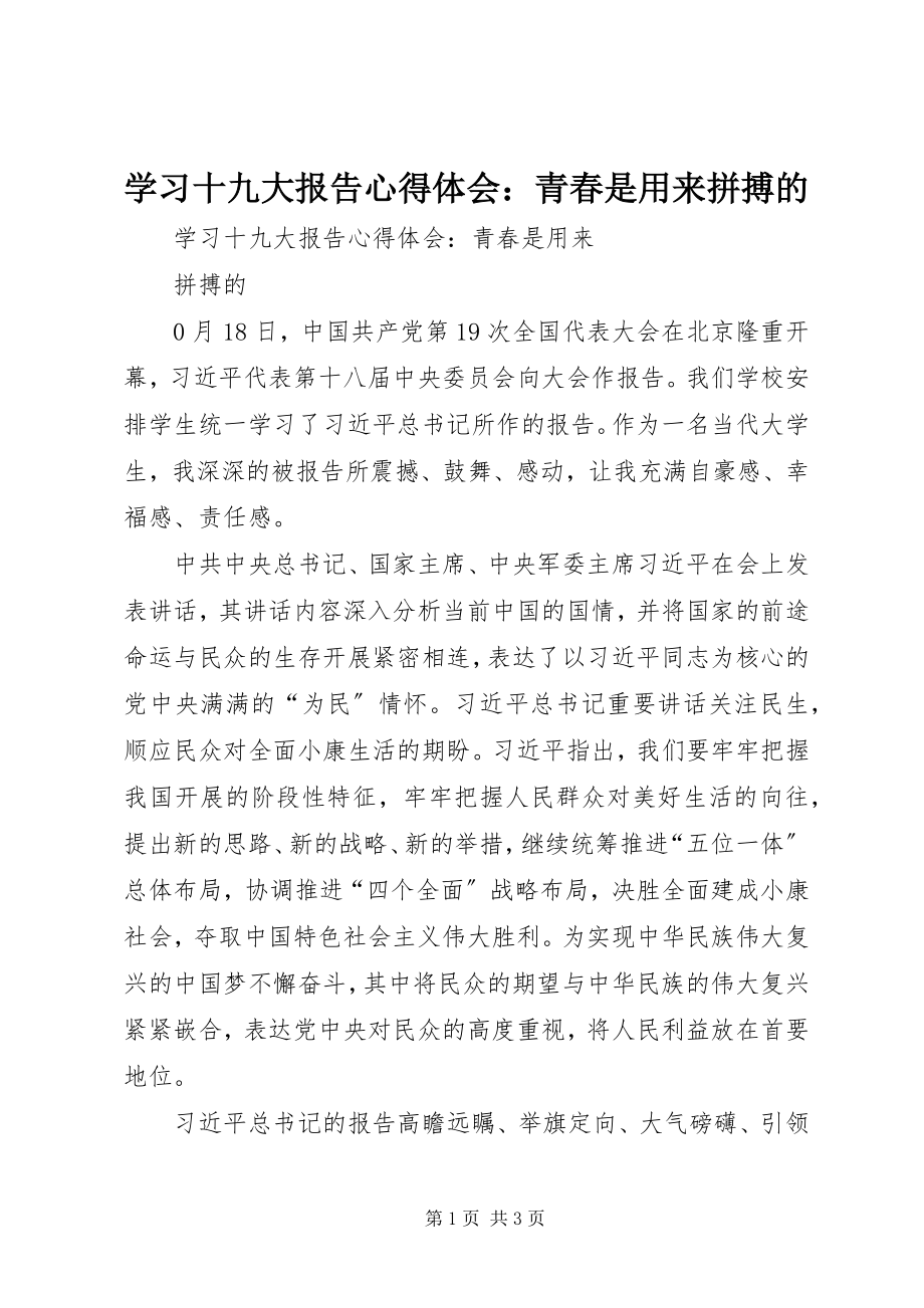 2023年学习十九大报告心得体会青春是用来拼搏的.docx_第1页