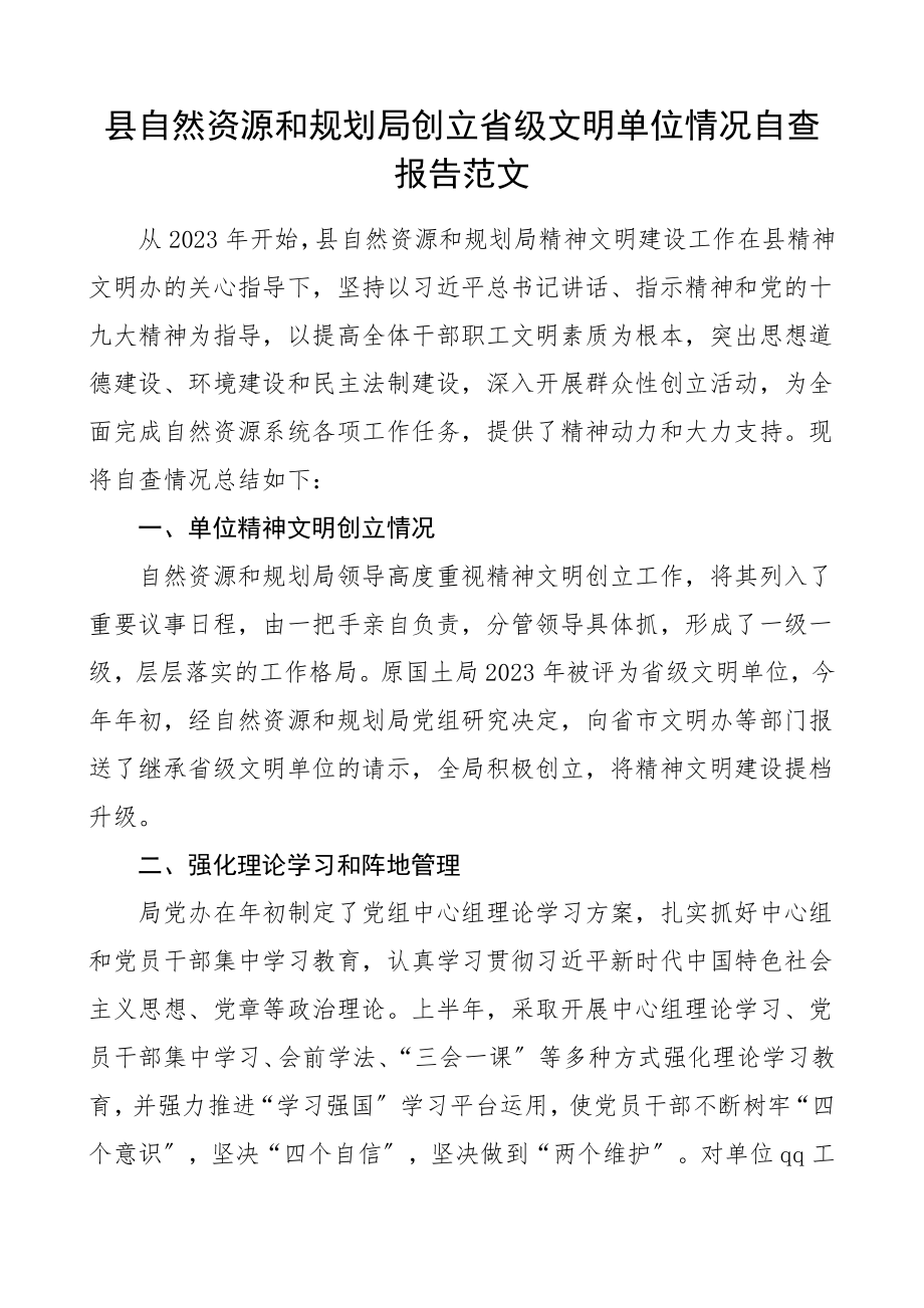 县自然资源和规划局创建省级文明单位情况自查报告工作总结汇报报告.doc_第1页