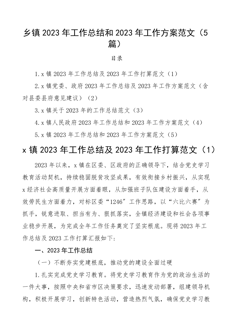 乡镇2023年工作总结和2023年工作计划5篇工作汇报报告工作思路精编.docx_第1页