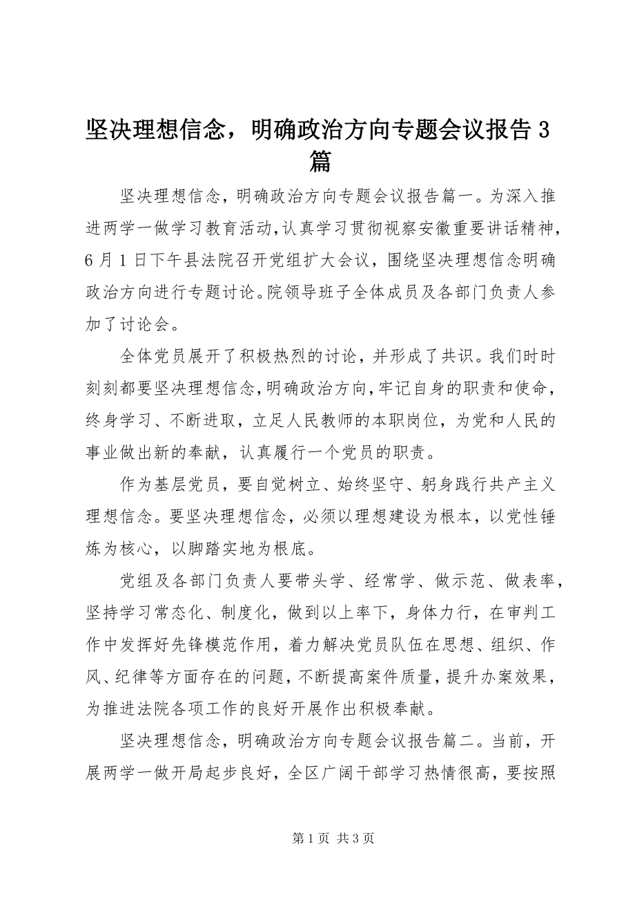 2023年坚定理想信念明确政治方向专题会议报告3篇.docx_第1页