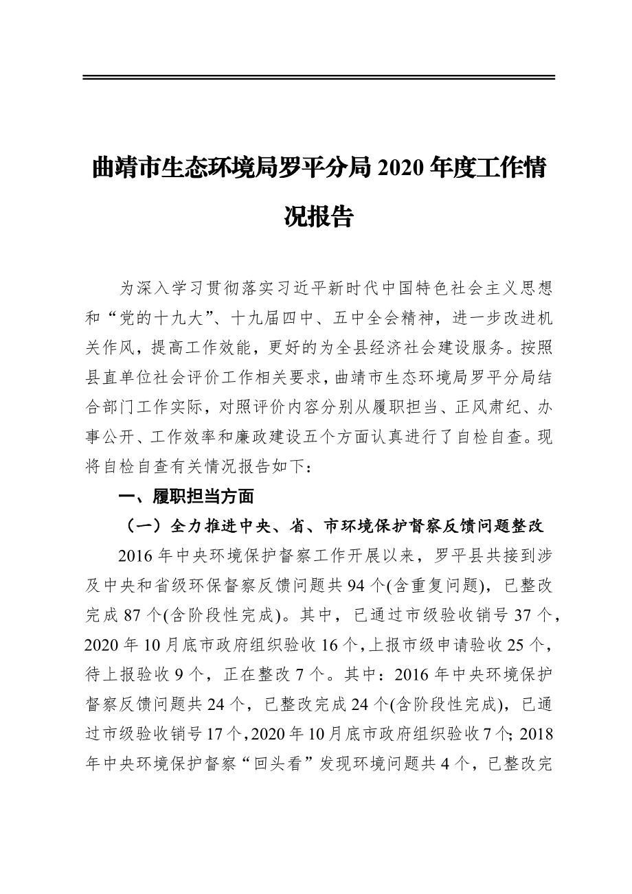 曲靖市生态环境局罗平分局2020年度工作情况报告.docx_第1页