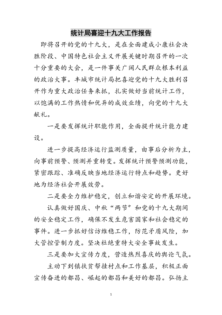 2023年统计局喜迎十九大工作报告范文.doc_第1页