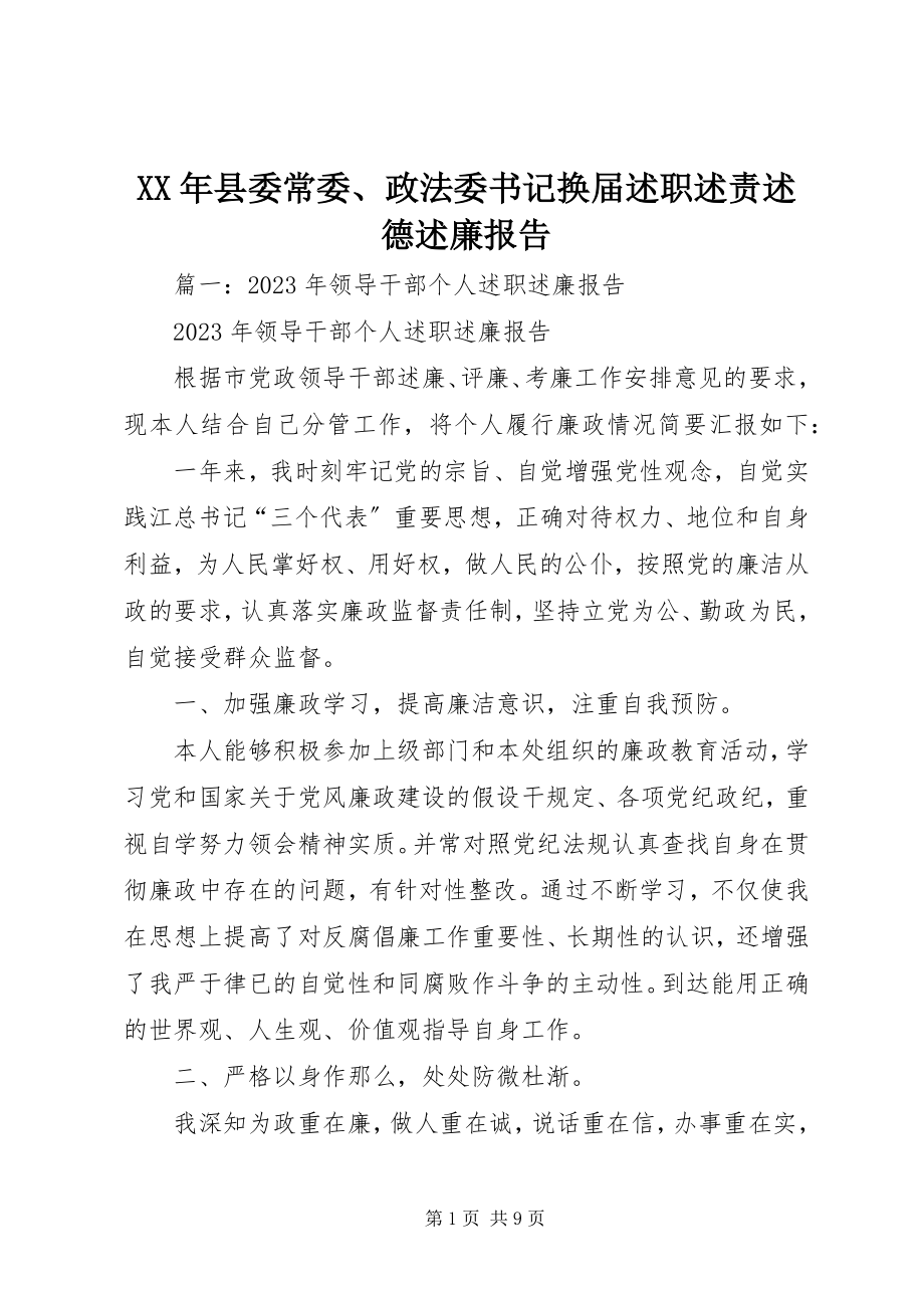 2023年县委常委政法委书记换届述职述责述德述廉报告.docx_第1页