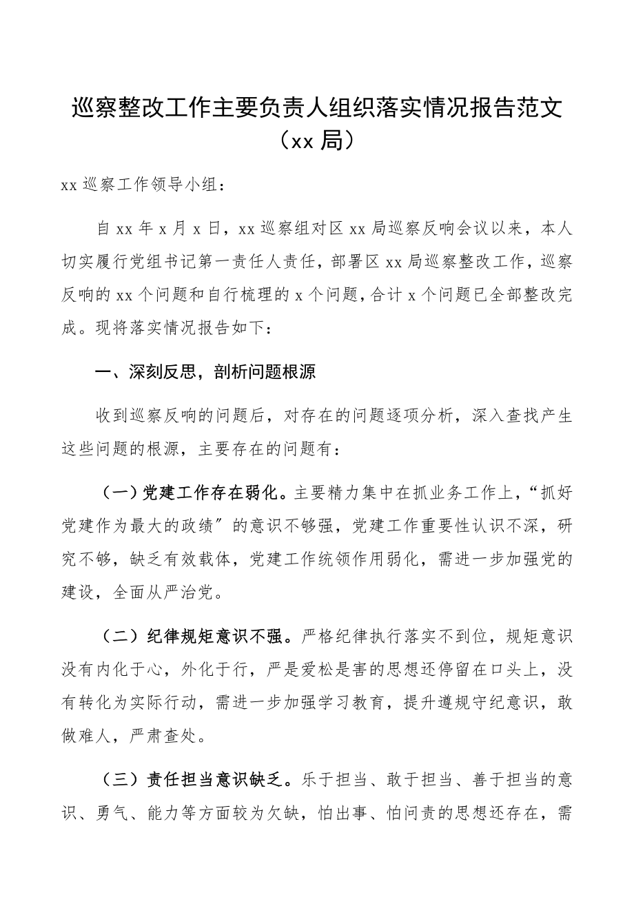 2023年巡察整改工作主要负责人组织落实情况报告xx局巡察整改报告.docx_第1页