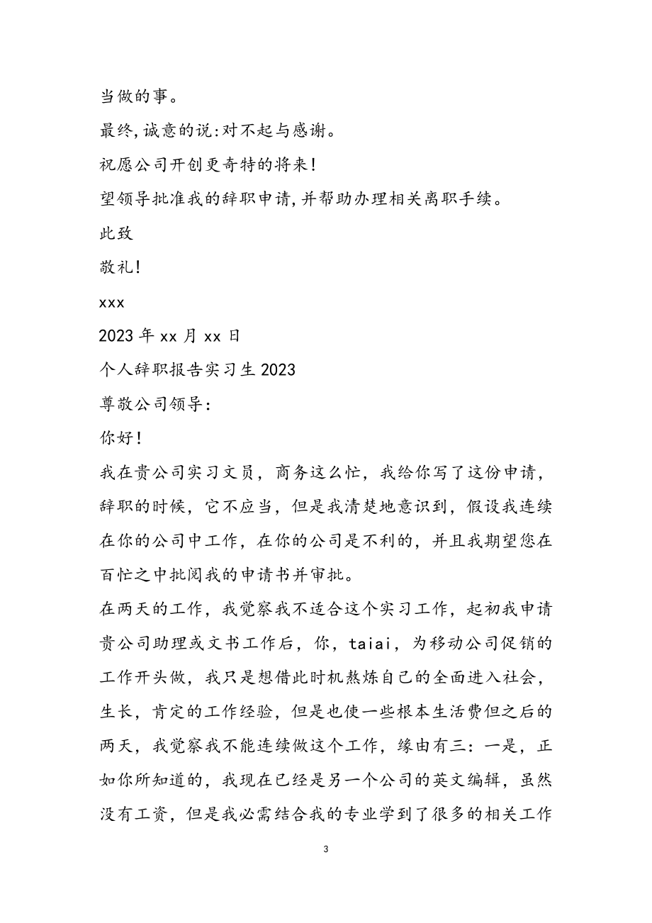 个人辞职报告实习生2023.doc_第3页