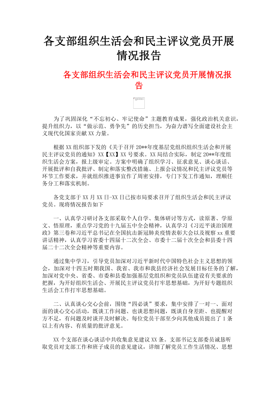 2023年各支部组织生活会和民主评议党员开展情况报告.doc_第1页