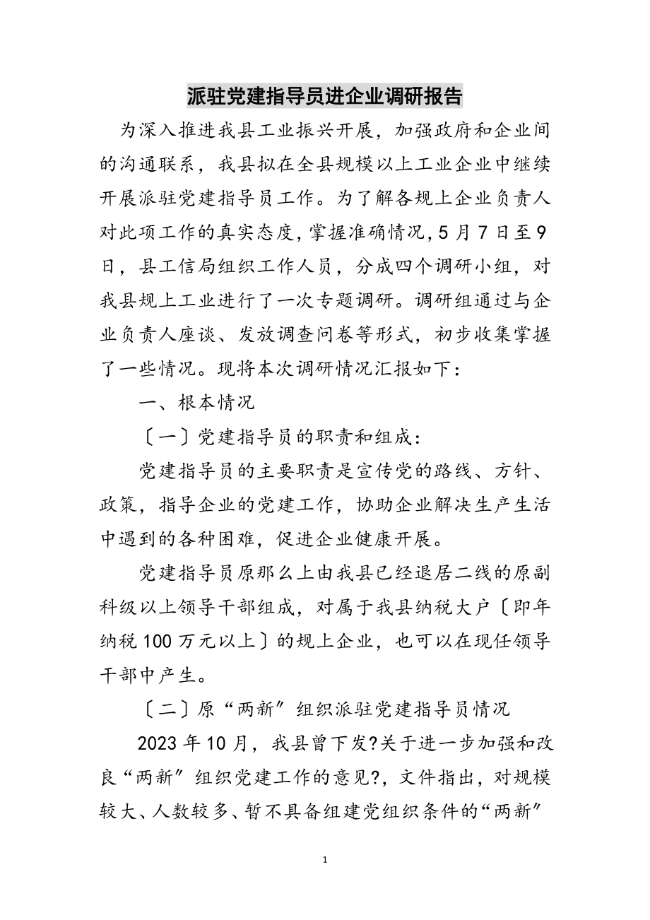 2023年派驻党建指导员进企业调研报告范文.doc_第1页