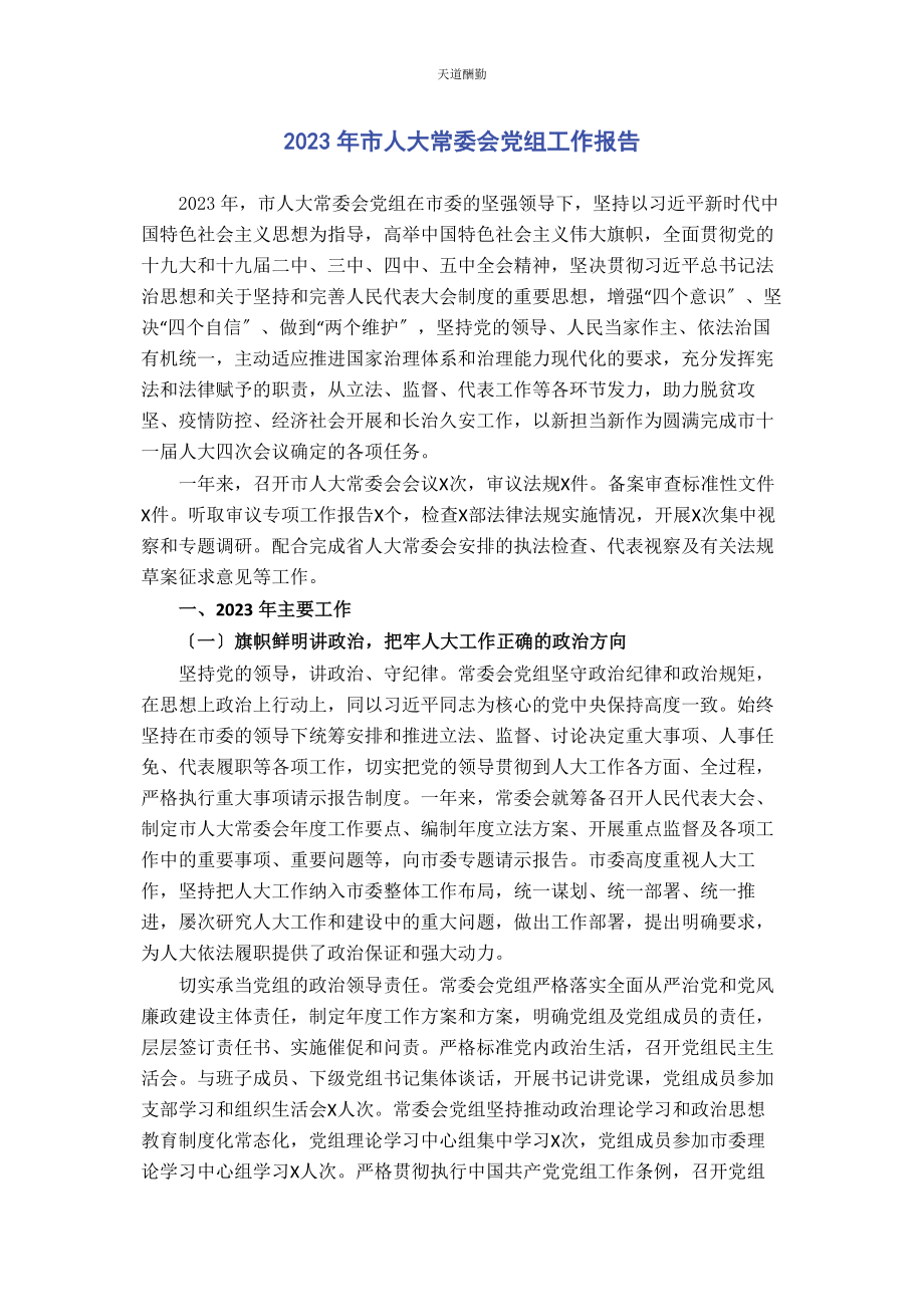 2023年市人大常委会党组工作报告范文.docx_第1页