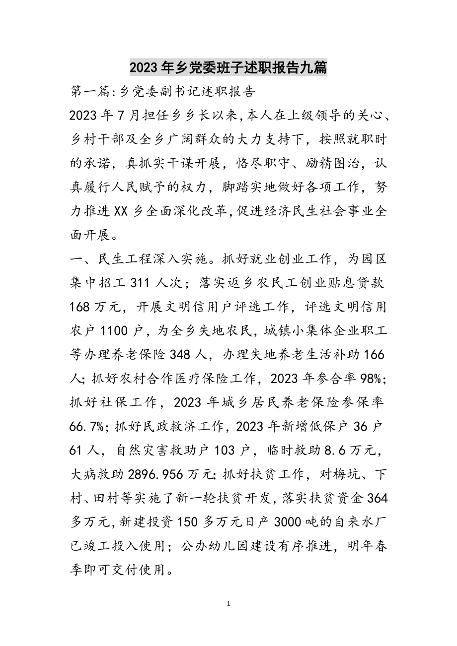 2023年年乡党委班子述职报告九篇范文.doc_第1页