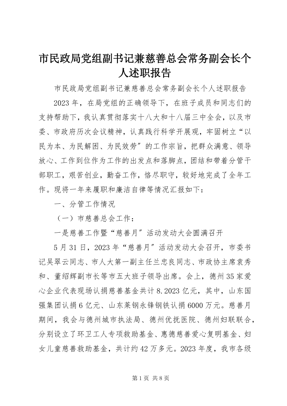 2023年市民政局党组副书记兼慈善总会常务副会长个人述职报告.docx_第1页