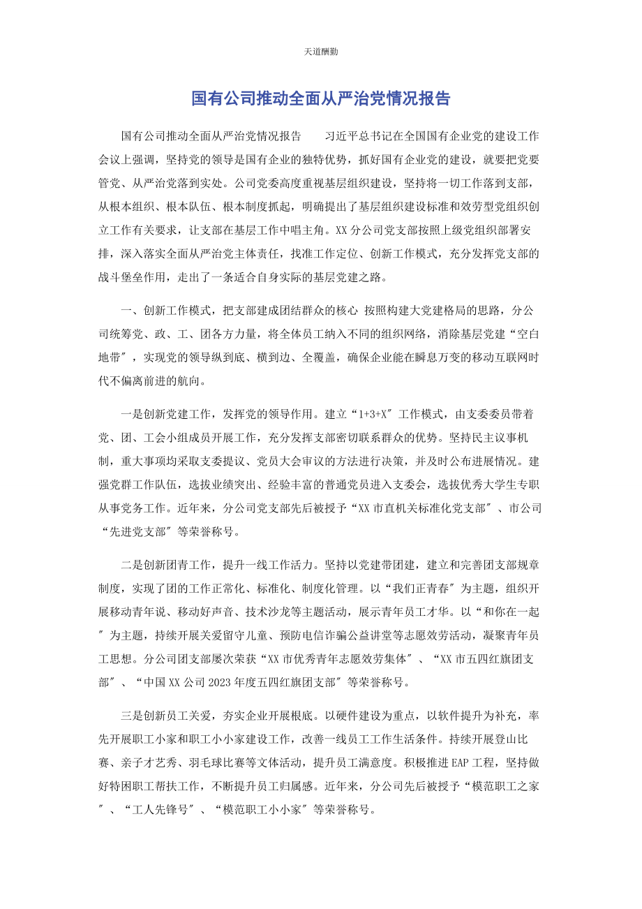 2023年国有公司推动全面从严治党情况报告范文.docx_第1页