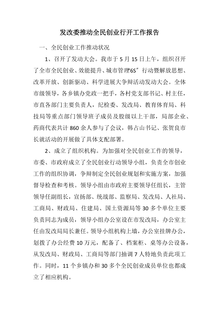 2023年发改委推进全民创业行动工作报告.docx_第1页