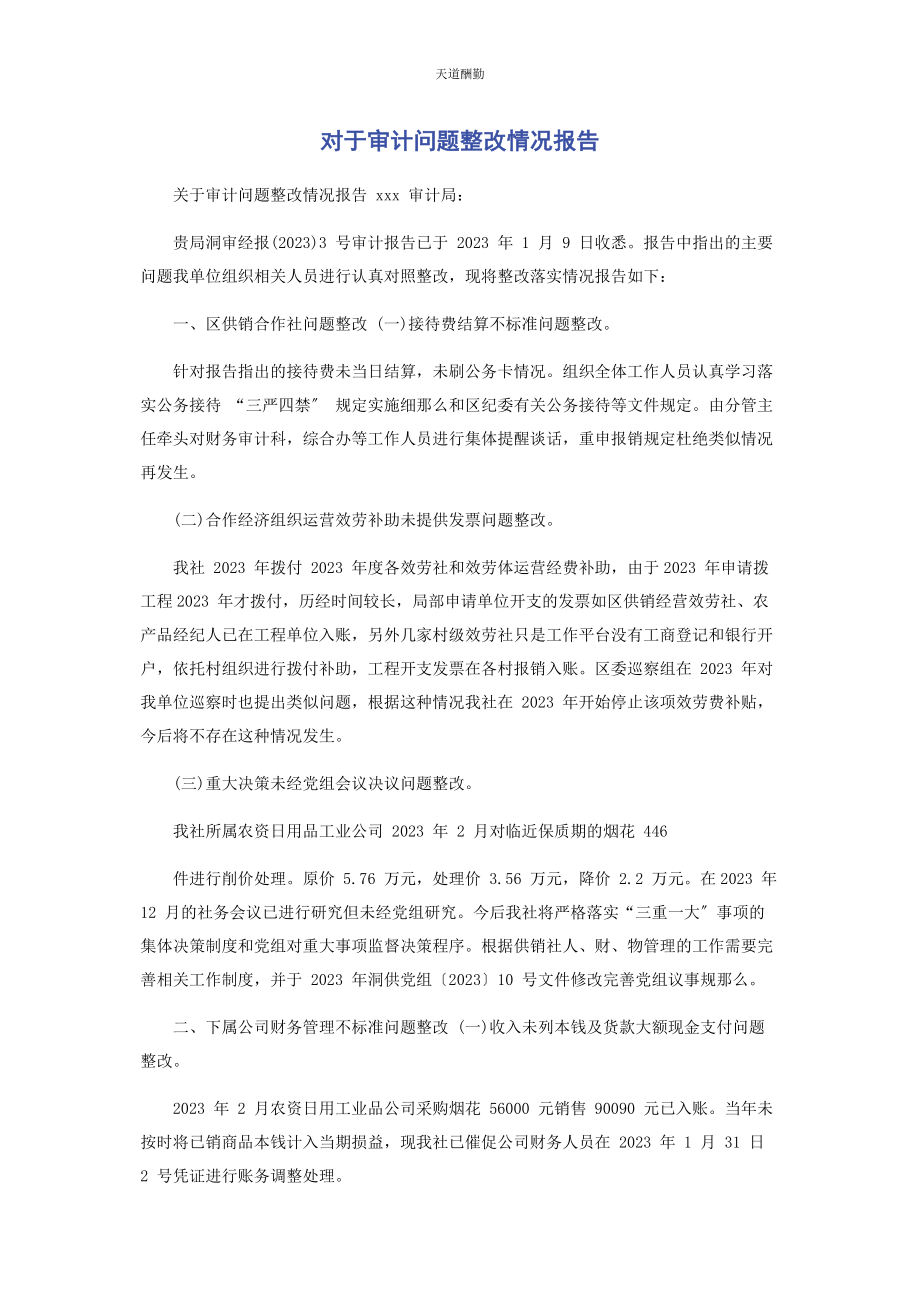 2023年对于审计问题整改情况报告.docx_第1页