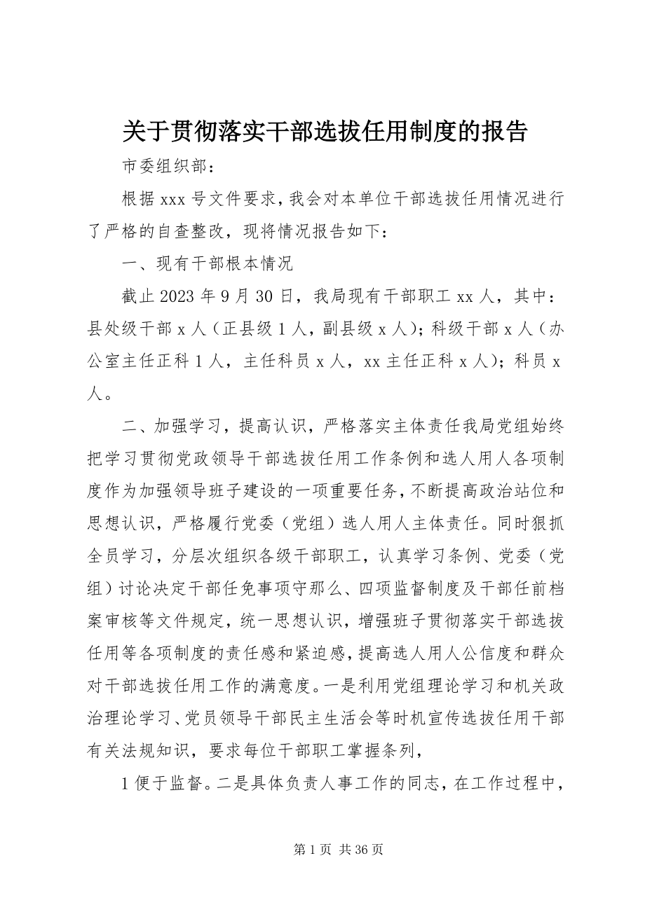 2023年贯彻落实干部选拔任用制度的报告.docx_第1页