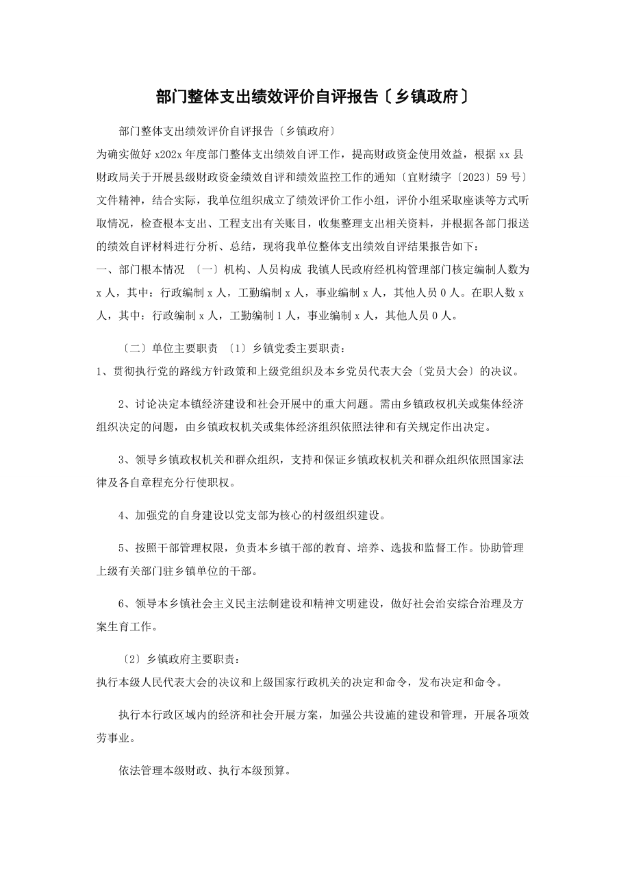 2023年部门整体支出绩效评价自评报告乡镇政府2.docx_第1页