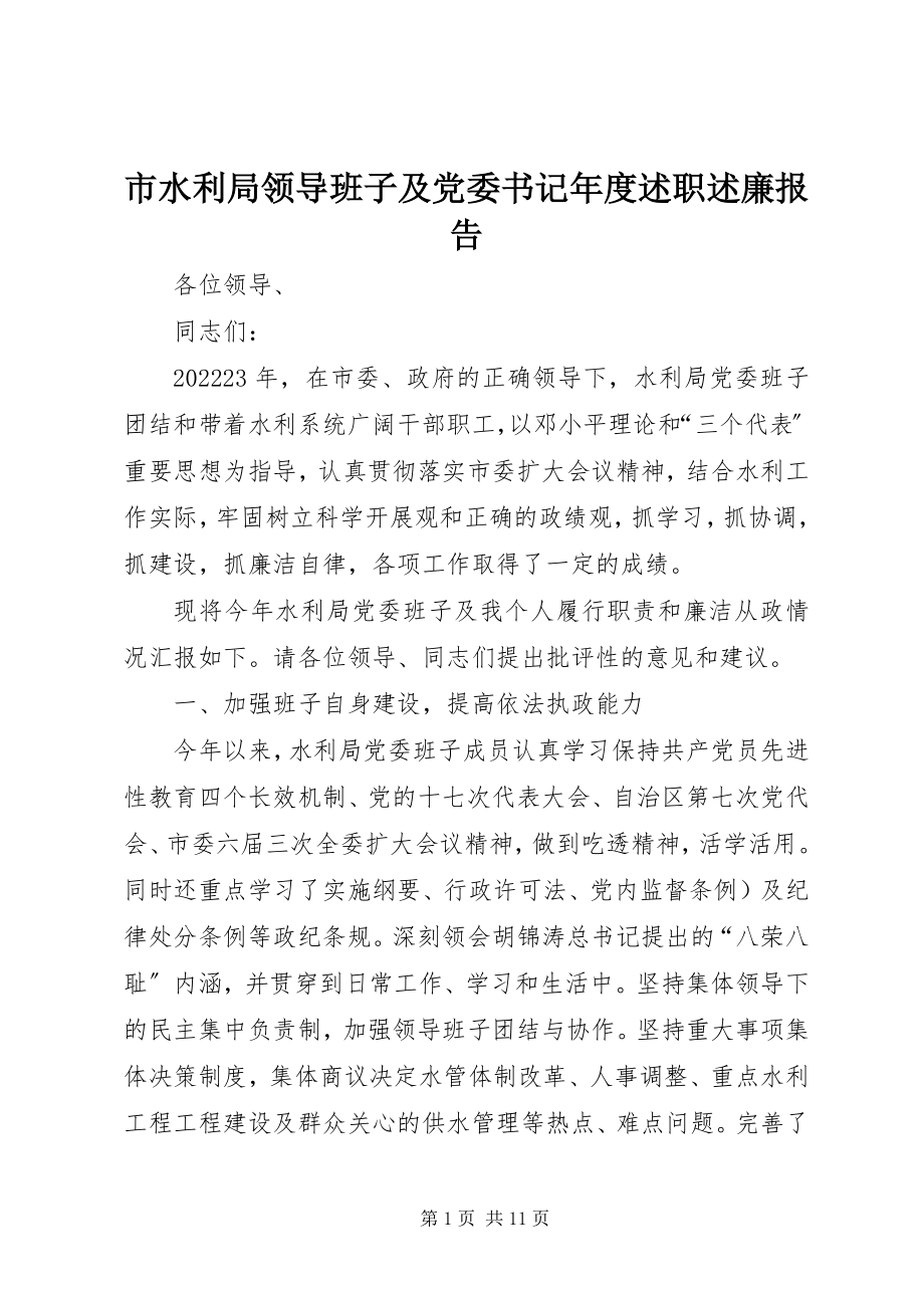 2023年市水利局领导班子及党委书记年度述职述廉报告.docx_第1页