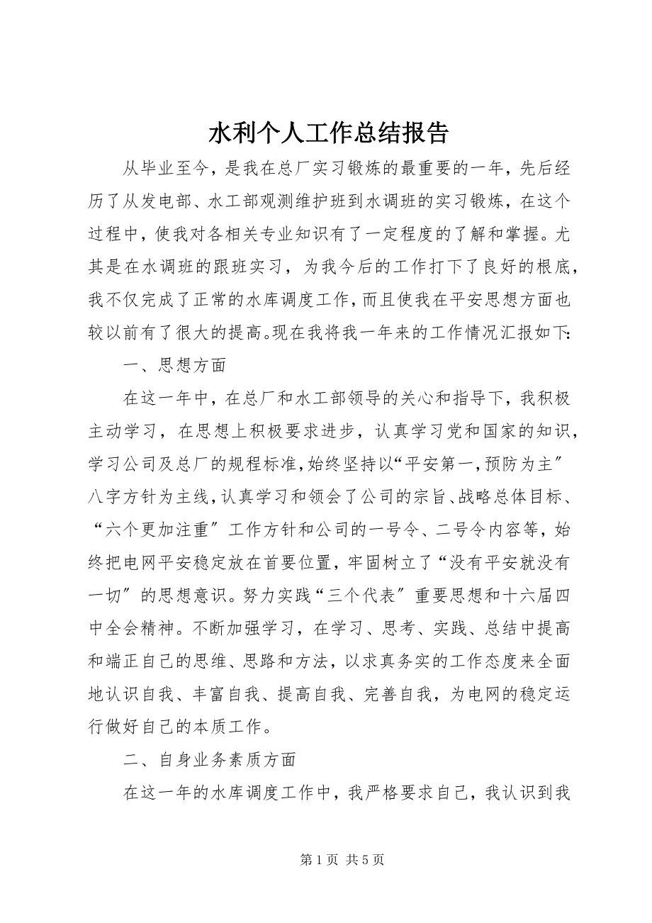 2023年水利个人工作总结报告.docx_第1页